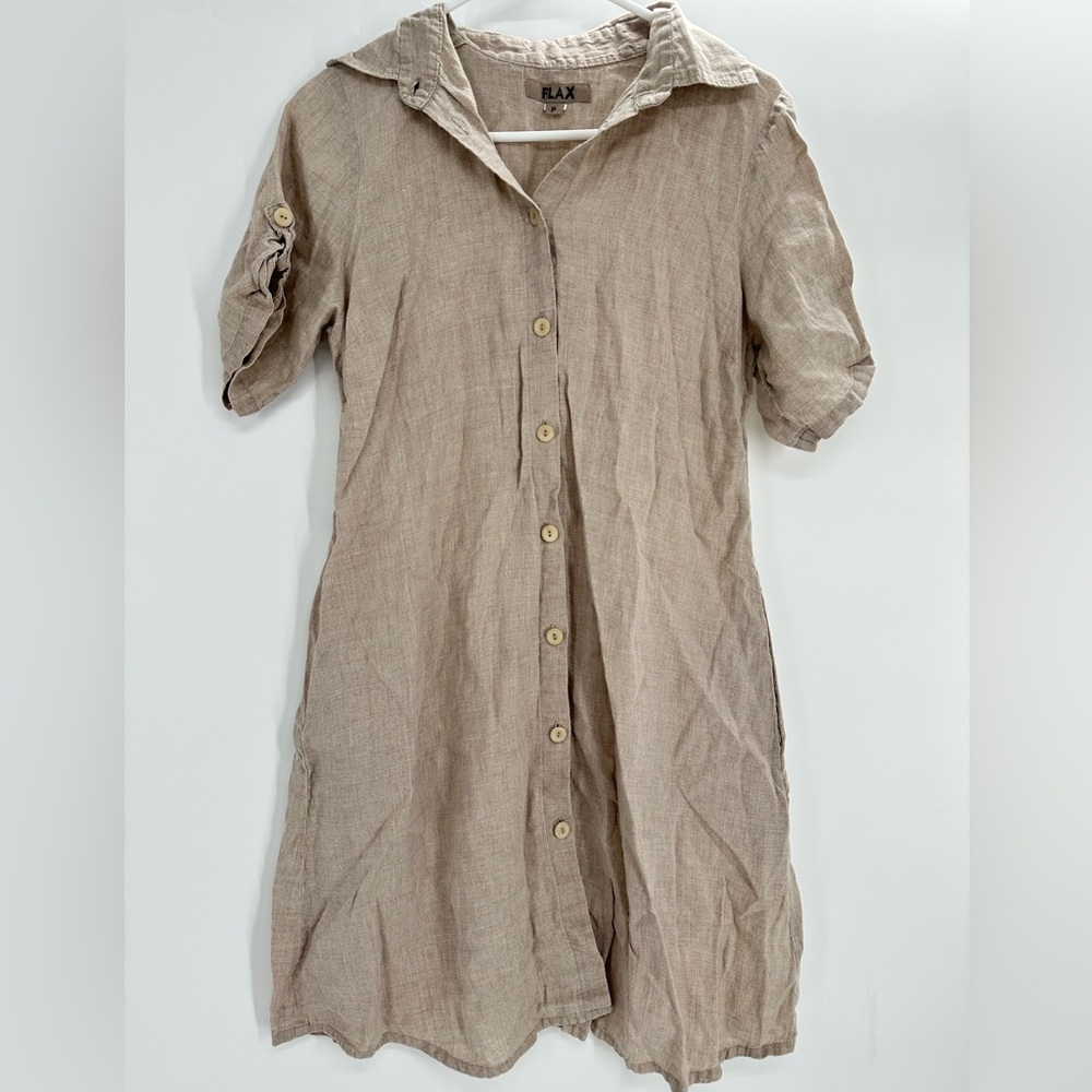 FLAX Linen Shirt Dress Beige Button Front Minimalist Cottagecore Lagenlook